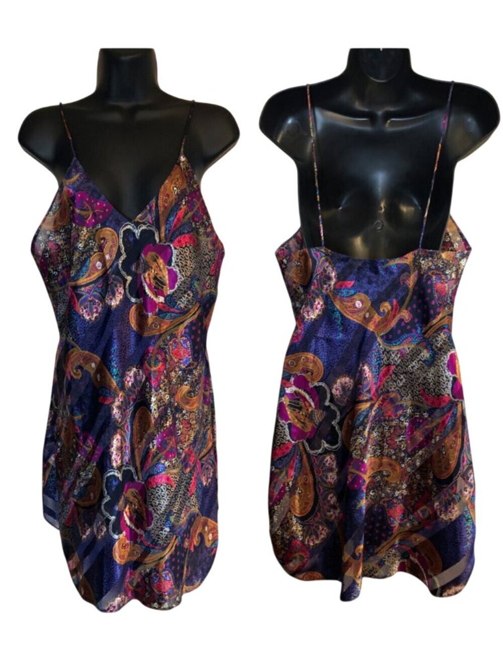 Deena vintage 90's colorful lingerie dress slip paisley strapy side split sz M